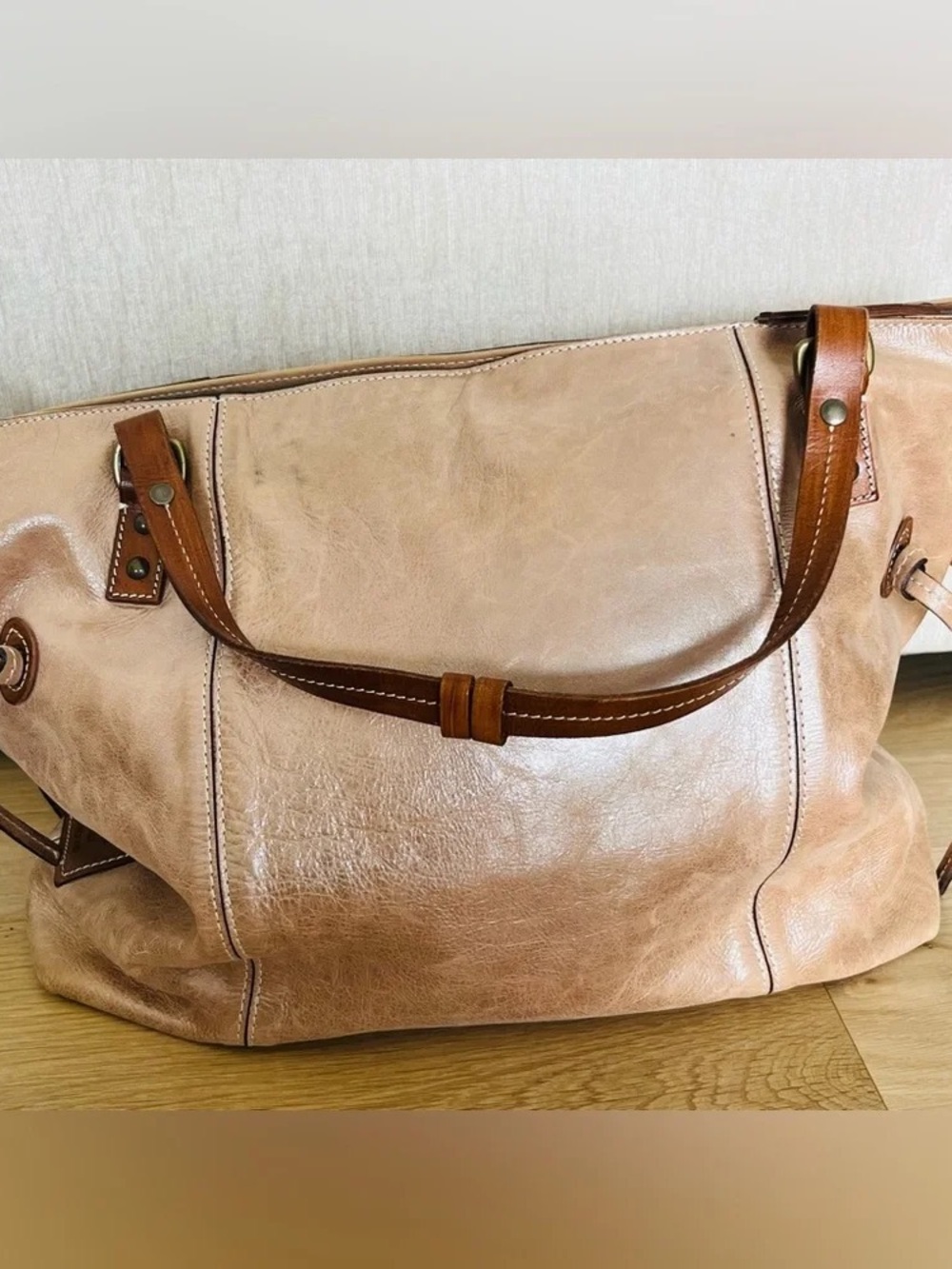 Soft Leather Tote Bag in Light Tan with Brown Handles
